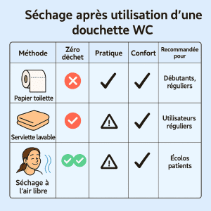 Comment bien se sécher après l’utilisation d’une douchette WC ? (Le guide complet) 2 comment se sécher douchette wc tableau